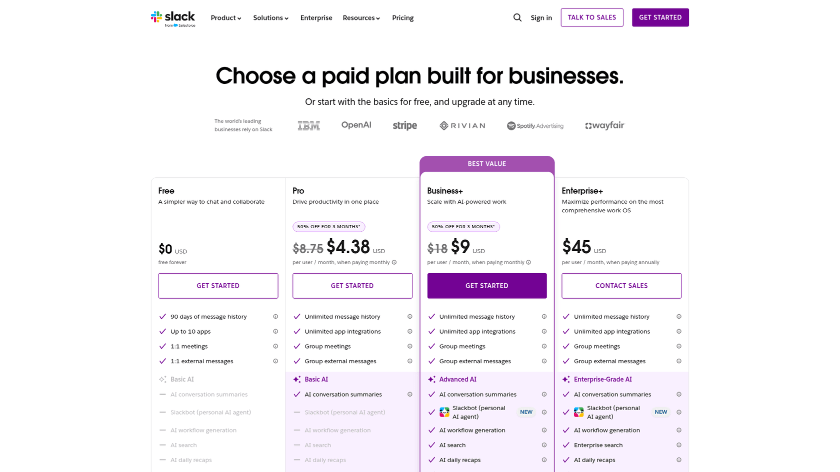 Slack's pricing page showing AI features by plan, as taken from Slack