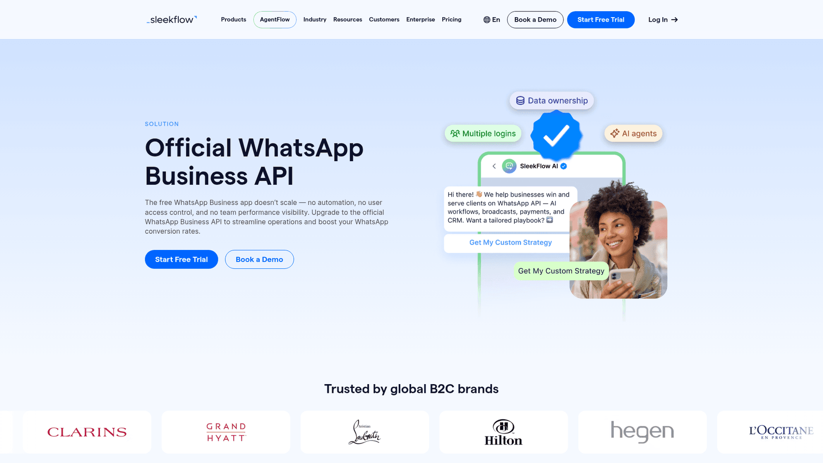 SleekFlow's Official WhatsApp Business API page with badges for multiple logins, data ownership and AI agents, as taken from SleekFlow