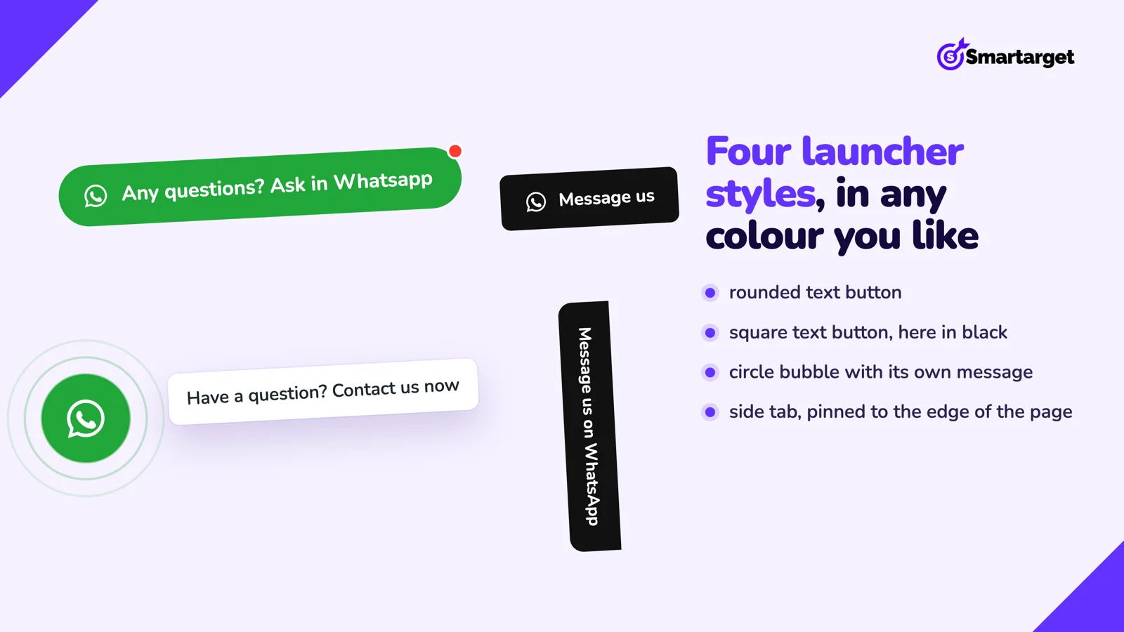 Four WhatsApp launcher styles: a green rounded text button, a black square button, a round bubble with a message and a vertical side tab, as taken from the Smartarget listing on the Shopify App Store