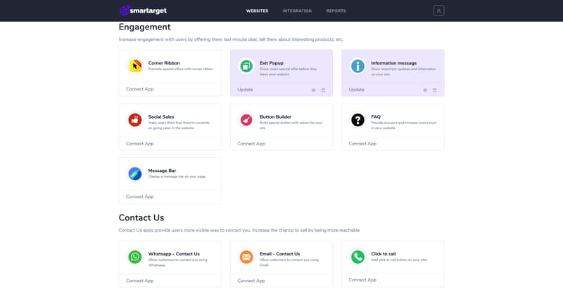 The Smartarget dashboard listing engagement apps like Exit Popup and FAQ above Contact Us apps such as Whatsapp - Contact Us and Click to call, as taken from smartarget.online