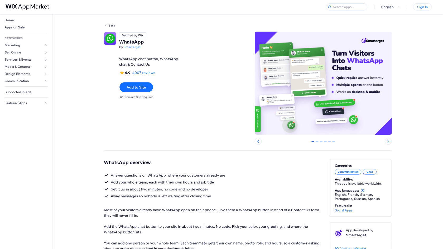 Smartarget's WhatsApp listing on the Wix App Market, showing Verified by Wix, a 4.9 rating from 4,007 reviews and the Add to Site button, as taken from the Wix App Market