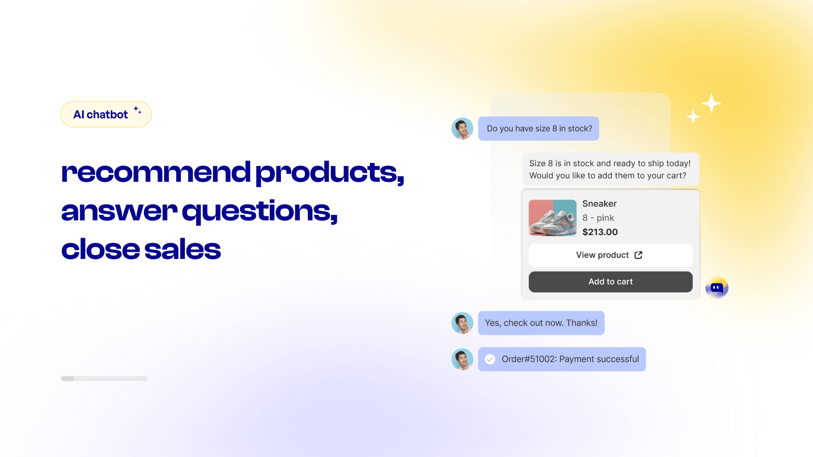 Chatty AI chatbot recommending an in-stock sneaker in size 8 with View product and Add to cart buttons, as taken from the Chatty listing on the Shopify App Store