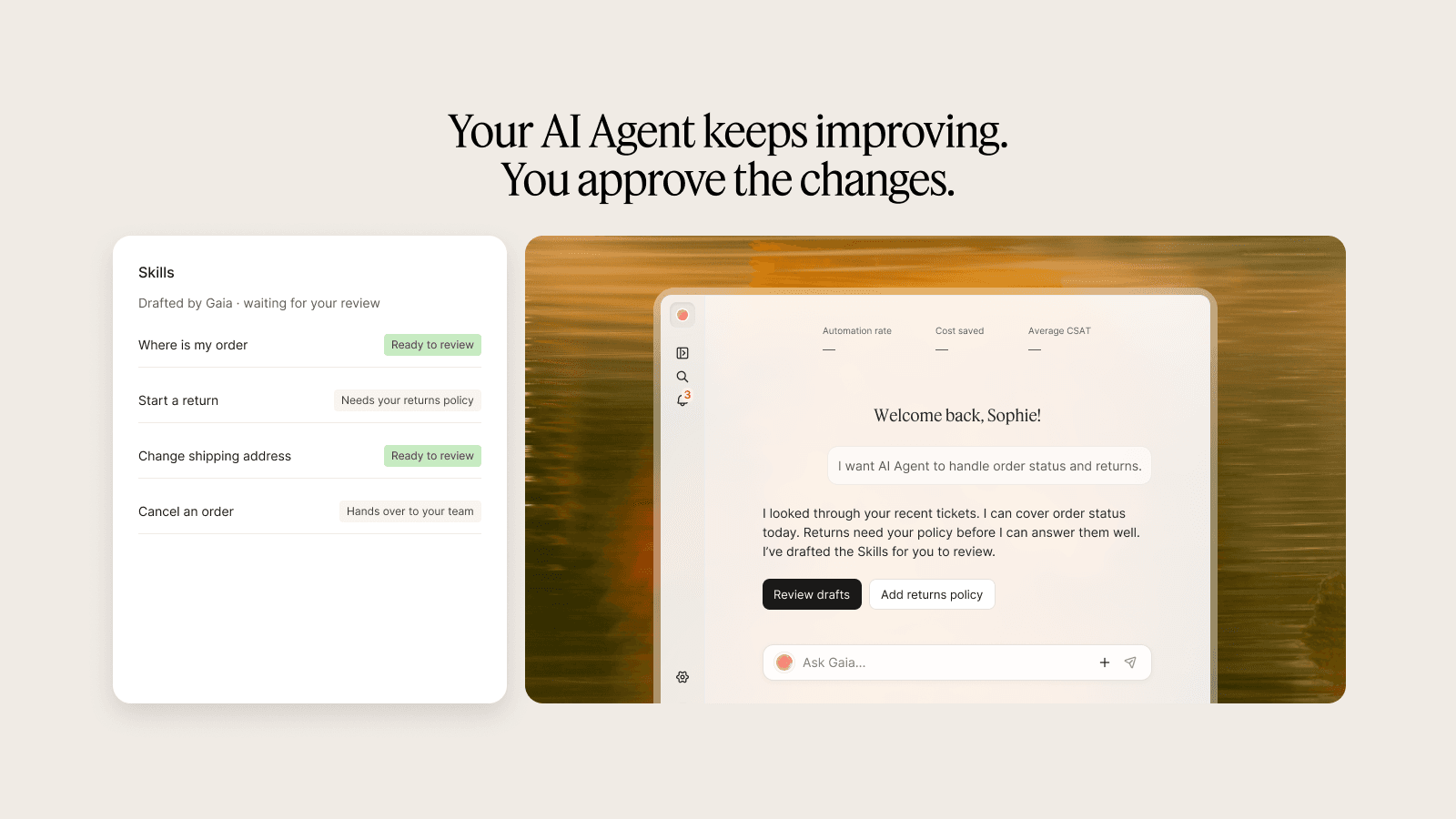 Gorgias AI Agent drafting skills for where is my order, start a return and change shipping address, waiting for review, next to a chat where the agent offers to handle order status, as taken from the Gorgias listing on the Shopify App Store