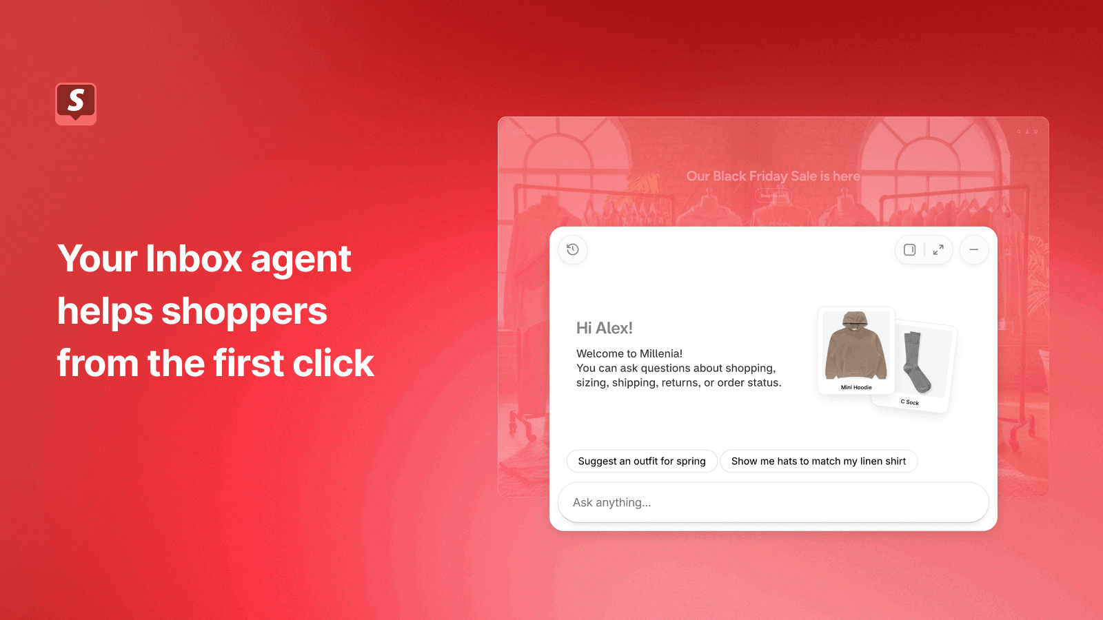 Shopify Inbox agent greeting a shopper on a storefront with product suggestions and quick prompts like Suggest an outfit for spring, as taken from the Shopify Inbox listing on the Shopify App Store