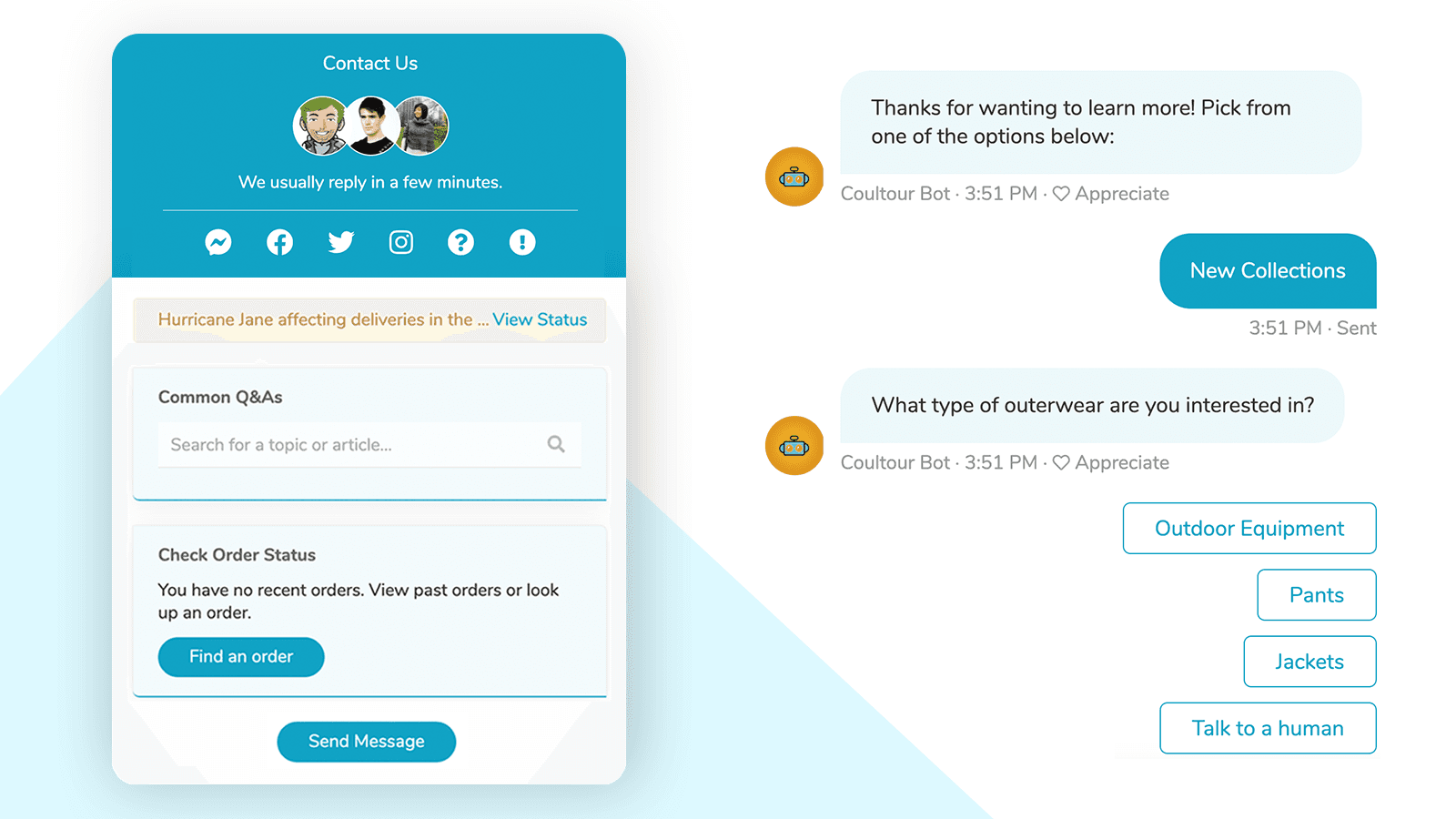 Re:amaze chat widget with common Q and As, an order status lookup, and a bot guiding a shopper through new collections with a Talk to a human option, as taken from the Re:amaze listing on the Shopify App Store