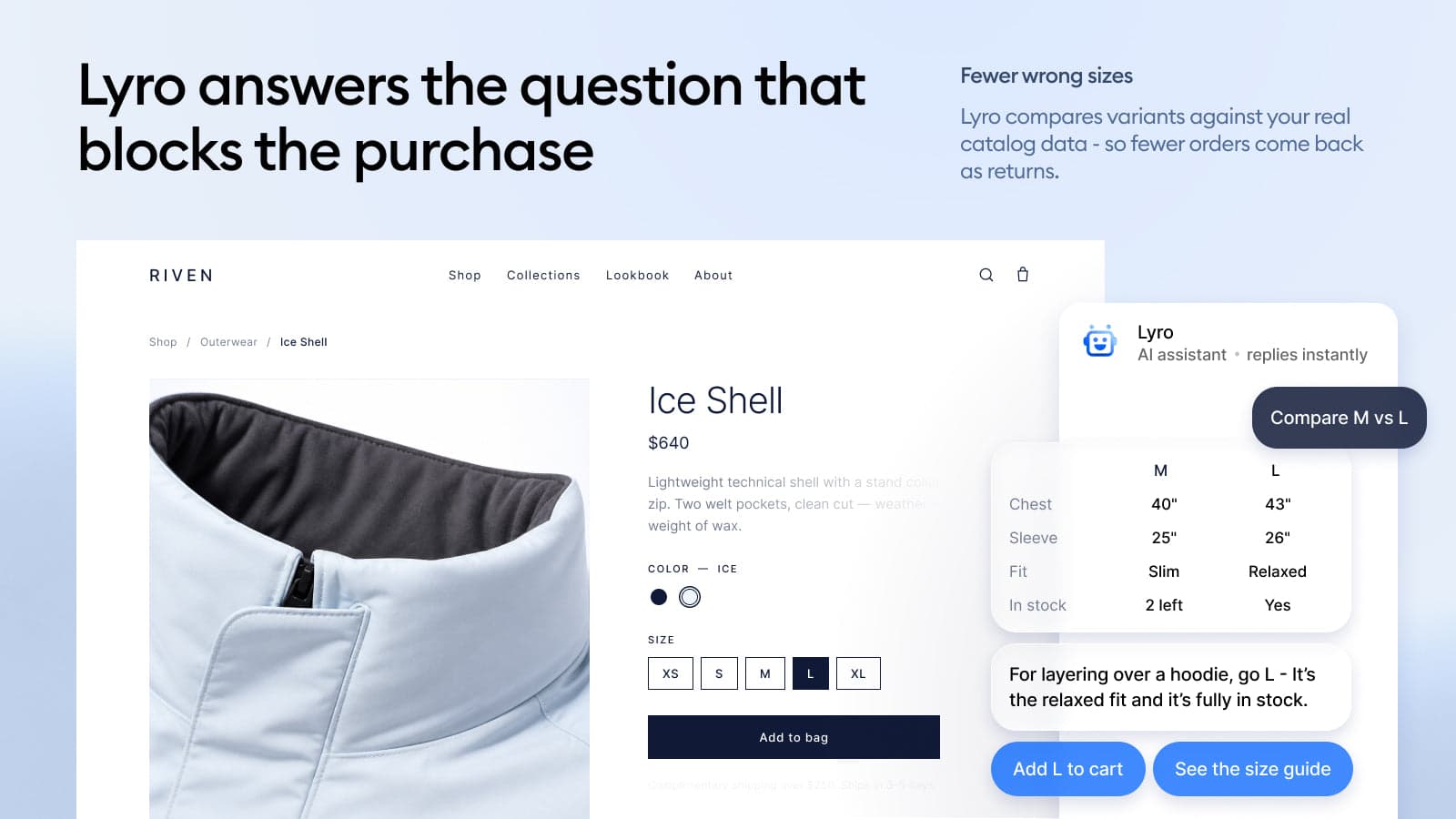 Tidio's Lyro AI agent comparing medium and large sizes of a jacket on a product page and recommending a size with Add to cart and size guide buttons, as taken from the Tidio listing on the Shopify App Store