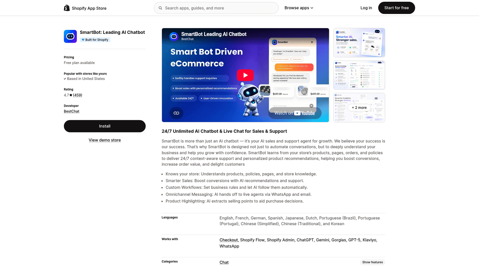 SmartBot's Shopify App Store listing showing the app name with the Built for Shopify badge, Pricing: Free plan available, a 4.7 rating from 459 reviews, the developer BestChat, and a demo video titled Smart Bot Driven eCommerce, as taken from the Shopify App Store