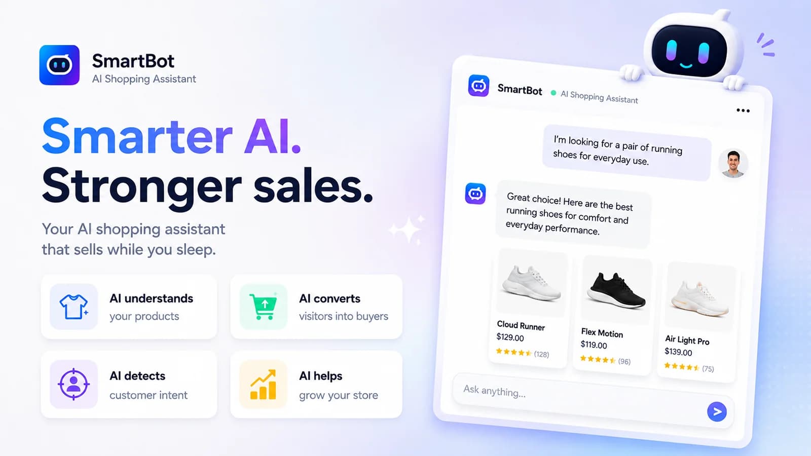 SmartBot's storefront chat on the Shopify App Store: a shopper asks for running shoes for everyday use and the bot replies with three product cards, Cloud Runner at $129, Flex Motion at $119 and Air Light Pro at $139, beside four claims about understanding products and customer intent, as taken from the Shopify App Store