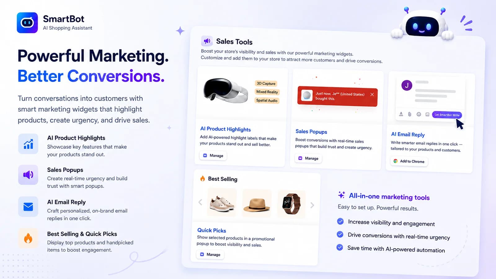 SmartBot's sales tools on the Shopify App Store: AI product highlights, sales pop-ups reading "Just now, someone bought this", AI email reply with an Add to Chrome button, and best selling and quick picks carousels, as taken from the Shopify App Store