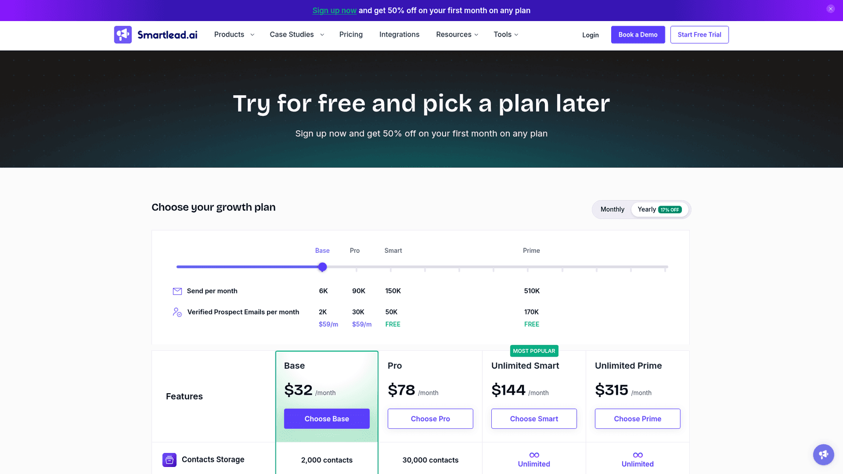 Smartlead's pricing page with the Base, Pro, Smart and Prime plans, as taken from Smartlead.ai