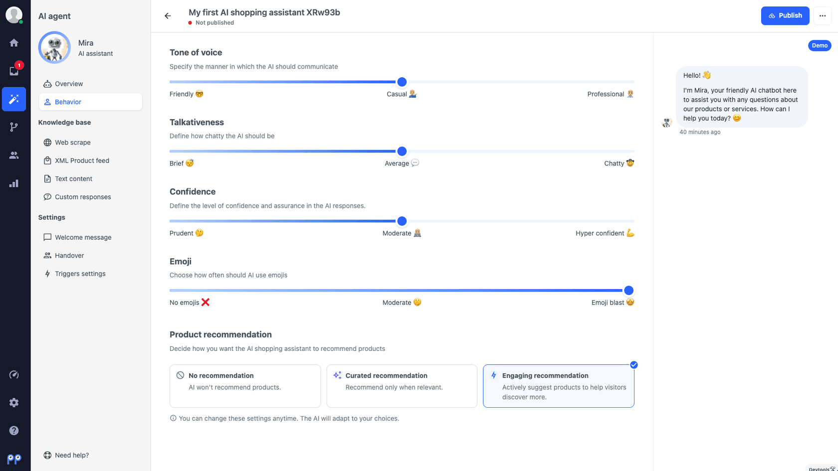 Mira AI's Behavior settings in the Smartsupp dashboard, with sliders for Tone of voice from Friendly to Professional, Talkativeness from Brief to Chatty, Confidence from Prudent to Hyper confident and Emoji from No emojis to Emoji blast, plus three product recommendation modes and a Playground preview on the right, as taken from Smartsupp's help center