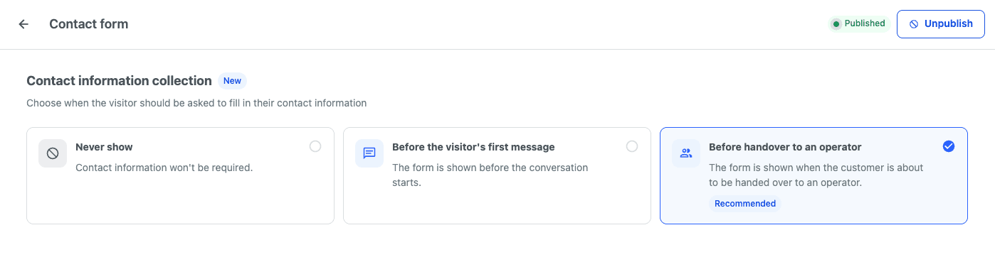 Smartsupp's Contact information collection setting for Mira AI with three options: Never show, Before the visitor's first message, and Before handover to an operator, marked Recommended and selected, as taken from Smartsupp's help center