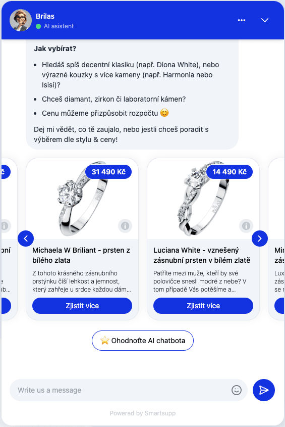 Mira AI answering in Czech inside the Smartsupp chat widget for a jewelry store, asking about style and budget and showing a carousel of ring product cards with prices of 31,490 Kč and 14,490 Kč and a button to view each product, as taken from Smartsupp's help center