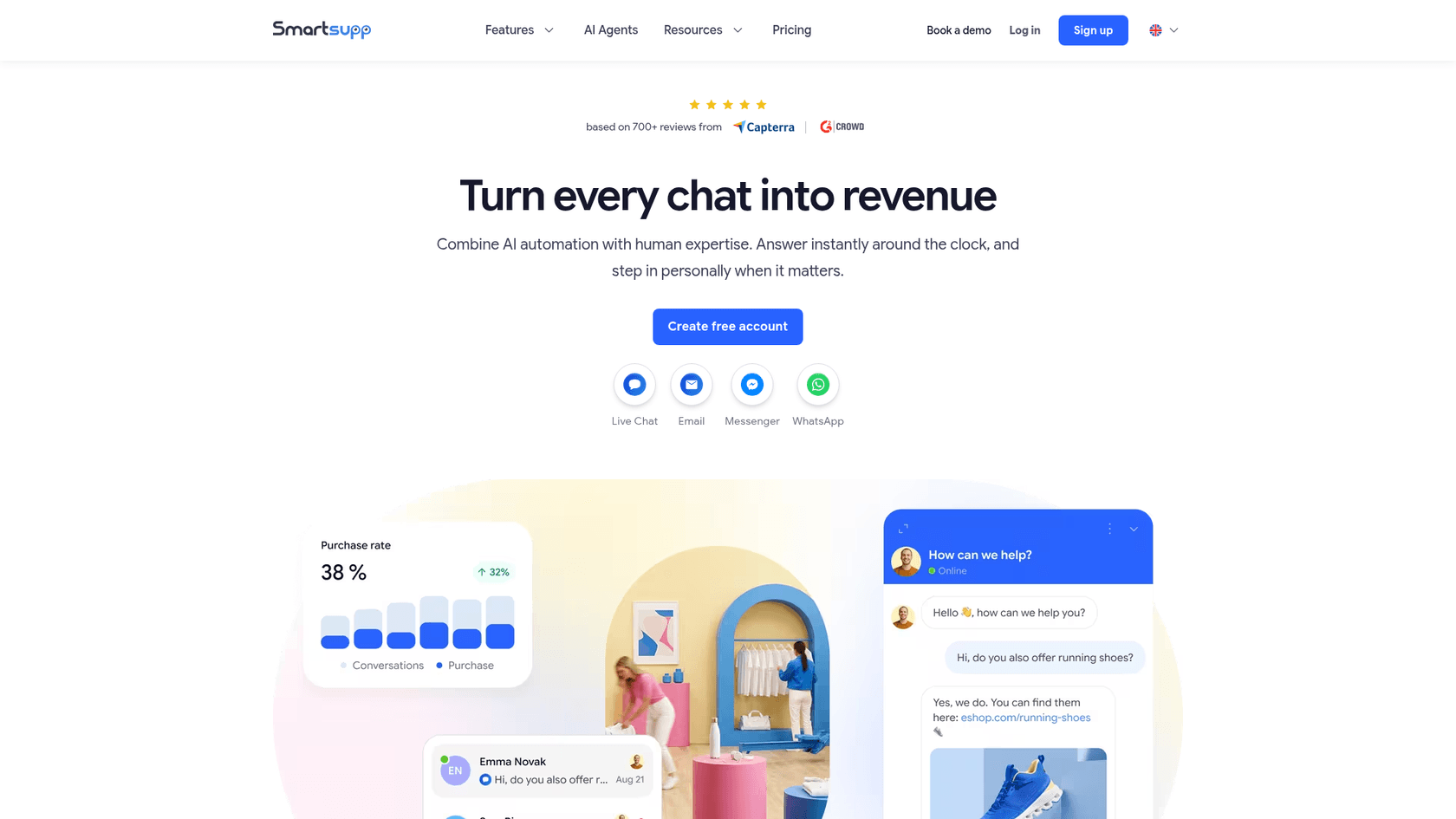 Smartsupp homepage with the headline Turn every chat into revenue, a Create free account button, channel icons for Live Chat, Email, Messenger and WhatsApp, and a chat widget mockup answering a question about running shoes, as taken from Smartsupp