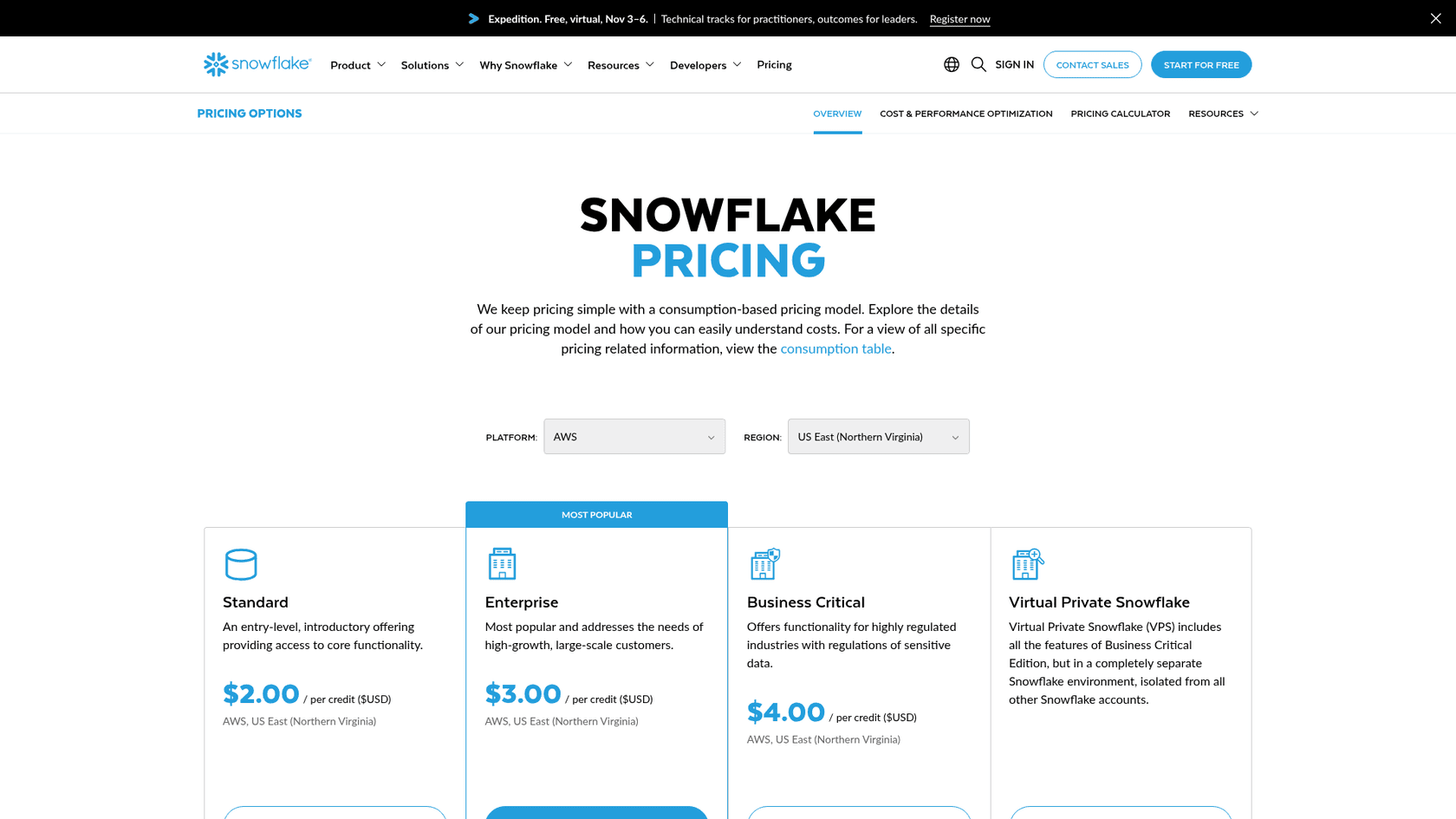Snowflake's pricing page showing per-credit prices for the Standard, Enterprise and Business Critical editions, as taken from Snowflake