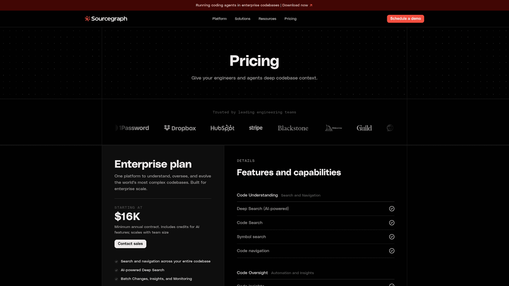 Sourcegraph's pricing page showing the Enterprise plan from $16K, as taken from Sourcegraph