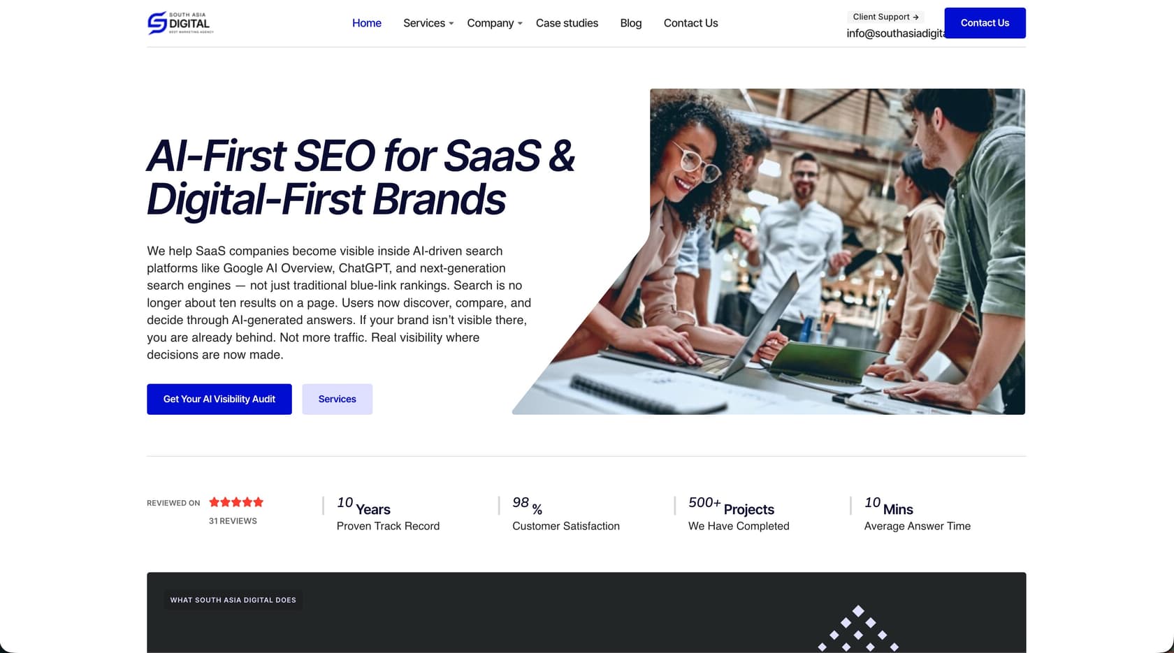 A screenshot of the landing page for South Asia Digital, an AI-first SEO agency.
