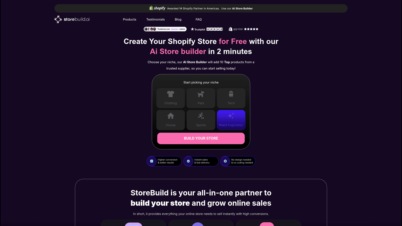 Storebuild.ai homepage promising a free AI-built Shopify store, as shown on Storebuild.ai