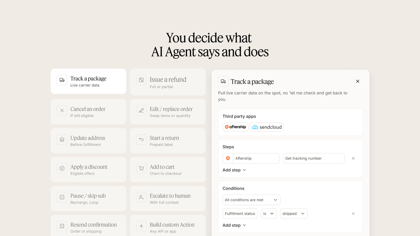 Gorgias listing image headlined You decide what AI Agent says and does, showing actions like Track a package, Issue a refund, Cancel an order, Update address and Start a return, with a Track a package setup using Aftership, as taken from the Gorgias listing