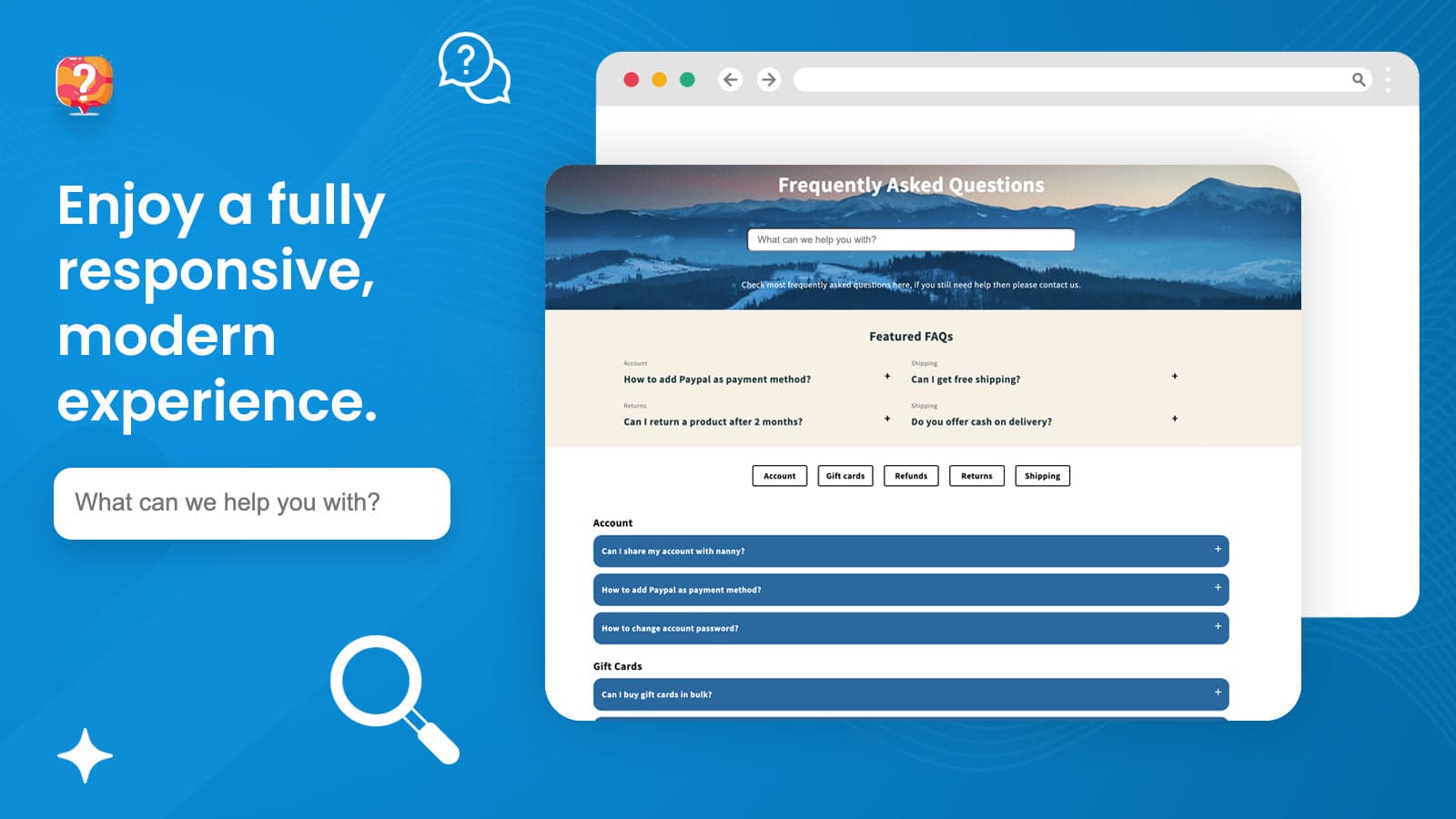 HelpLab's listing image of a blue FAQ page with a What can we help you with? search bar, a Featured FAQs block and accordion sections for Account and Gift Cards, as taken from the HelpLab listing
