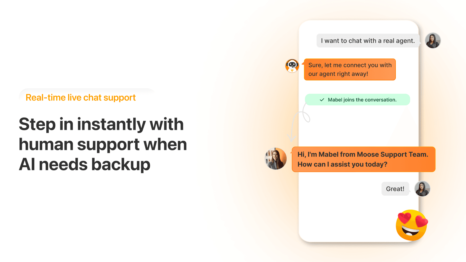 MooseDesk listing image headlined Step in instantly with human support when AI needs backup, showing a chat where a shopper asks for a real agent, the bot connects them, and Mabel from Moose Support Team joins the conversation, as taken from the MooseDesk listing
