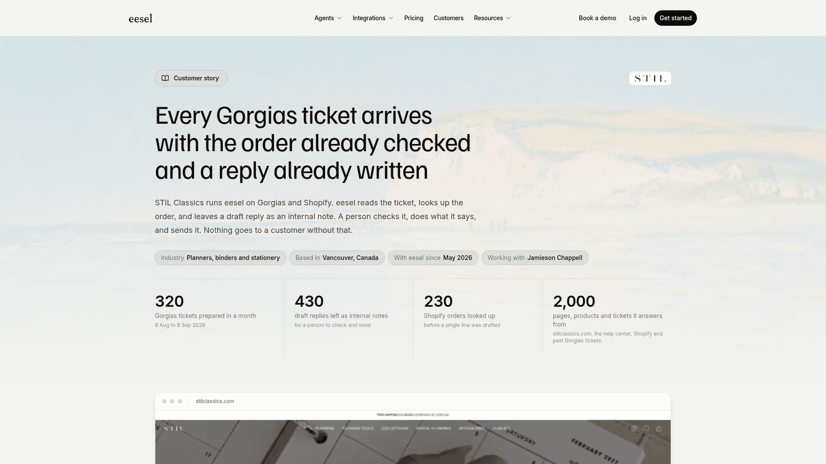 The STIL Classics customer story on eesel.ai, headlined every Gorgias ticket arrives with the order already checked and a reply already written, showing 320 Gorgias tickets prepared in a month, 430 draft replies, 230 Shopify orders looked up and 2,000 pages, products and tickets it answers from, as taken from eesel