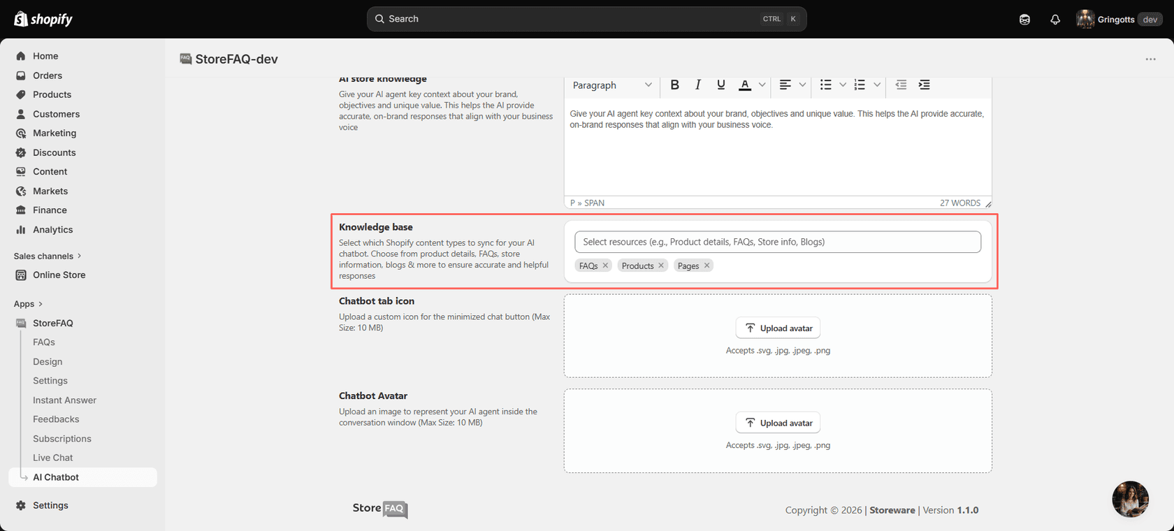 StoreFAQ's AI Chatbot settings inside the Shopify admin, with an AI store knowledge text box, a Knowledge base selector showing FAQs, Products and Pages as chosen sources, and upload fields for the chatbot tab icon and avatar, as taken from the StoreFAQ docs