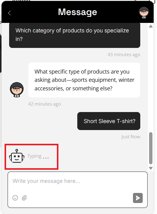 The StoreFAQ chat widget on a storefront, with the AI asking what type of product the shopper means, the shopper asking about a short sleeve T-shirt, and the bot icon showing a Typing indicator, as taken from the StoreFAQ docs