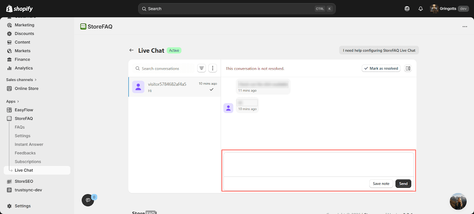 The StoreFAQ Live Chat inbox inside the Shopify admin, showing one visitor conversation, a banner reading This conversation is not resolved, a Mark as resolved button, and a reply box with Save note and Send buttons, as taken from the StoreFAQ docs