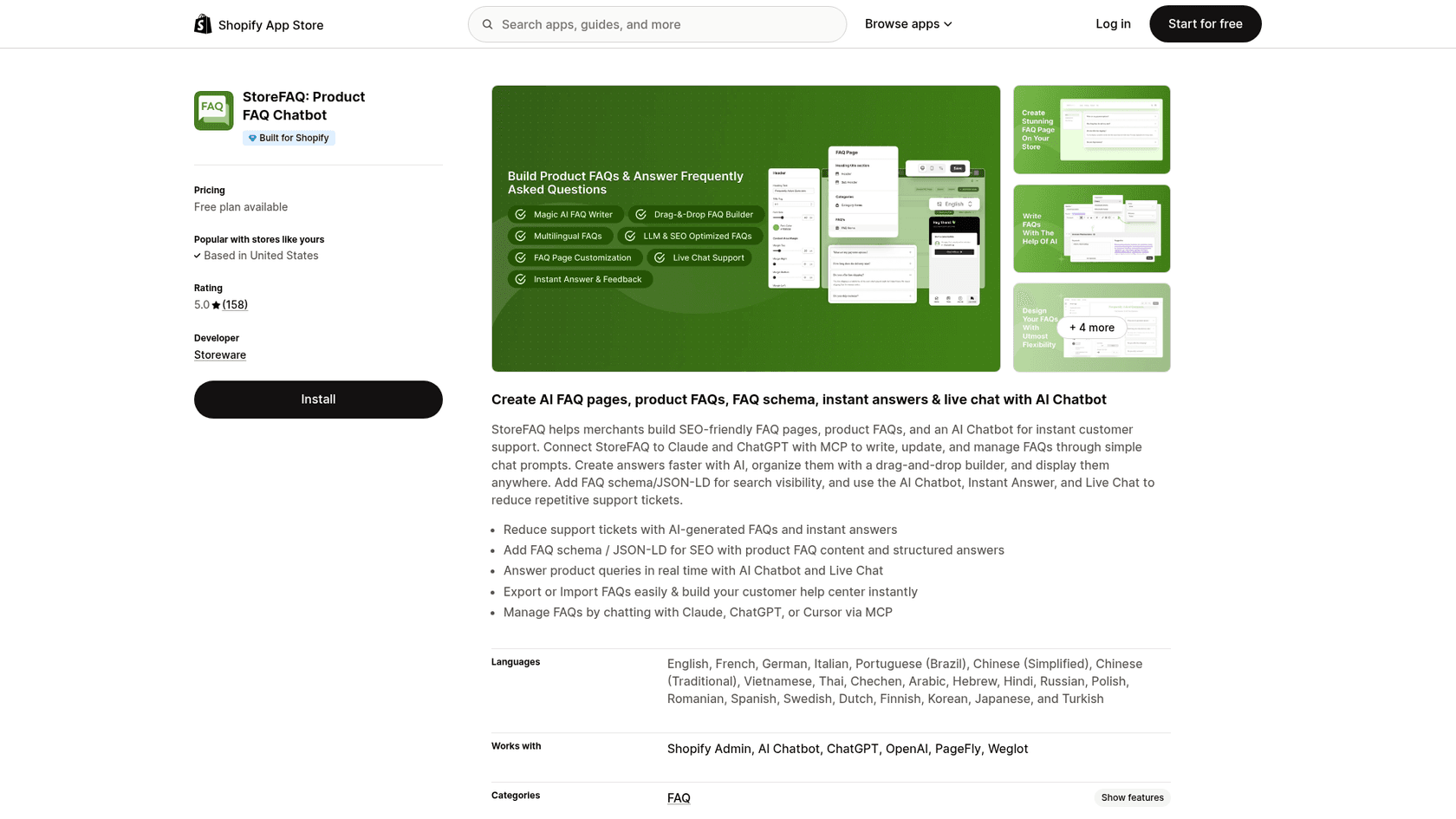 The StoreFAQ listing on the Shopify App Store, showing the Built for Shopify badge, a 5.0 rating from 158 reviews, Storeware as the developer, and a feature banner listing Magic AI FAQ Writer, Drag-and-Drop FAQ Builder, Multilingual FAQs, LLM and SEO Optimized FAQs and Live Chat Support, as taken from the Shopify App Store