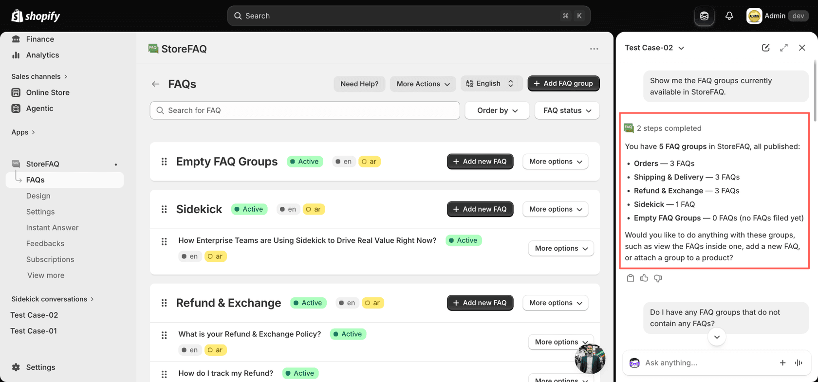 StoreFAQ's FAQs screen in the Shopify admin with FAQ groups for Empty FAQ Groups, Sidekick and Refund and Exchange, next to a Shopify Sidekick panel answering a request to show the FAQ groups with a list of five published groups and their FAQ counts, as taken from the StoreFAQ docs