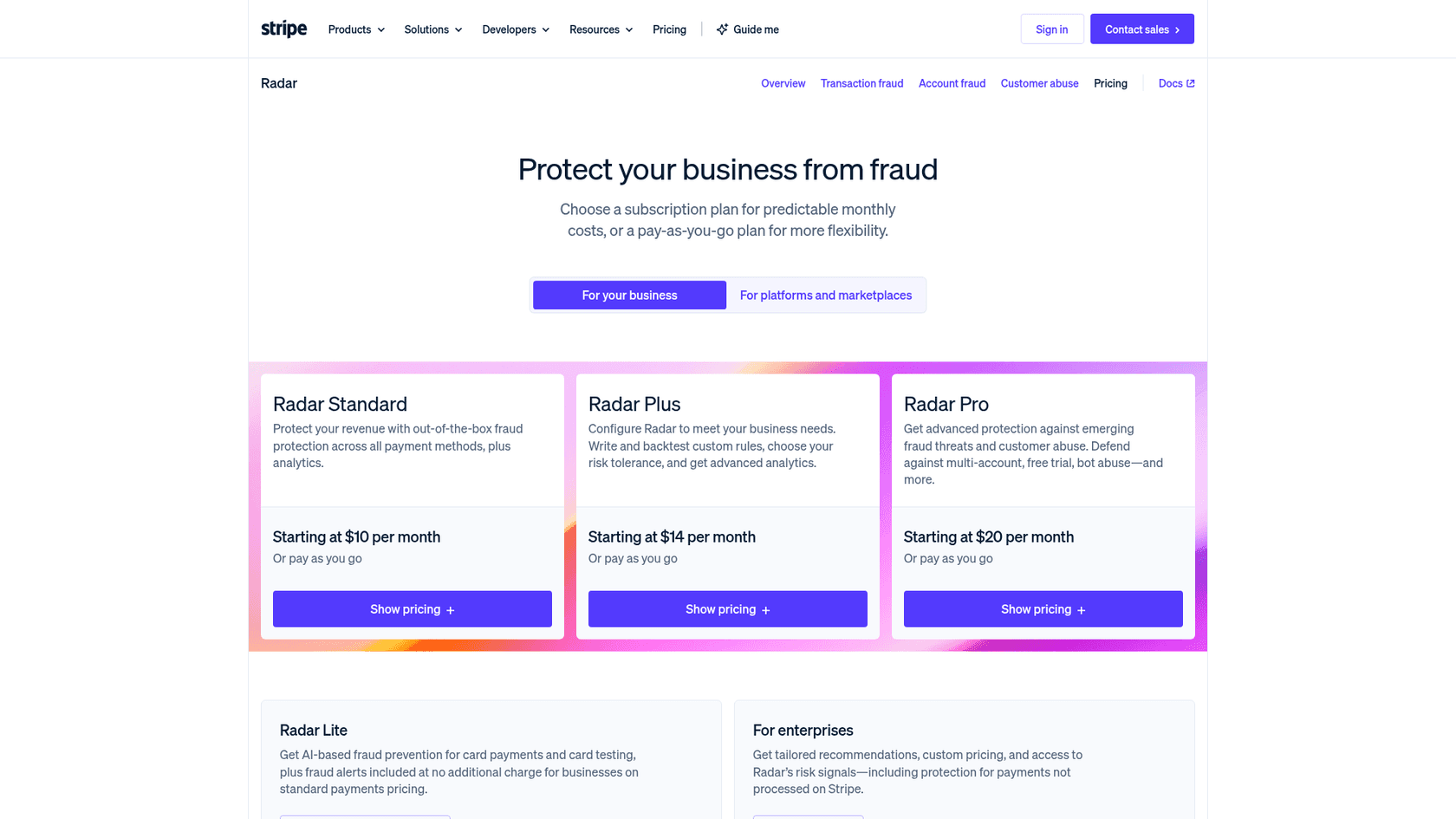Stripe Radar pricing page with Standard, Plus and Pro tiers, as taken from Stripe