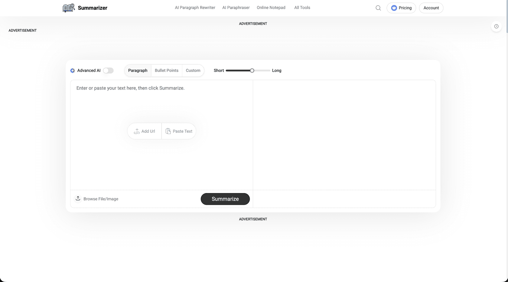 AI Summarizer landing page