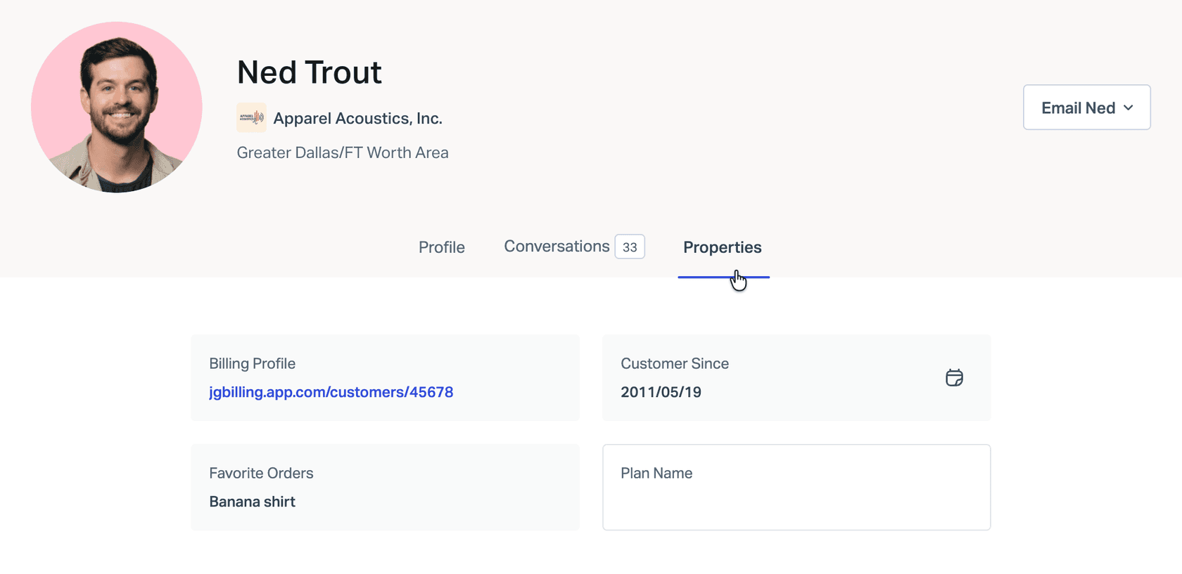 Help Scout contact profile on the Properties tab showing tiles for Billing Profile, Customer Since, Favorite Orders and Plan Name, as taken from the Help Scout docs
