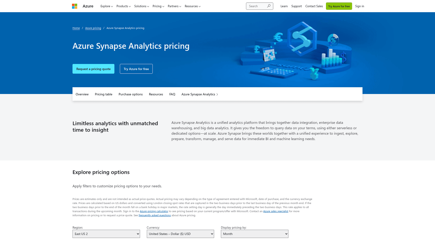 Azure Synapse Analytics pricing page, as taken from the vendor