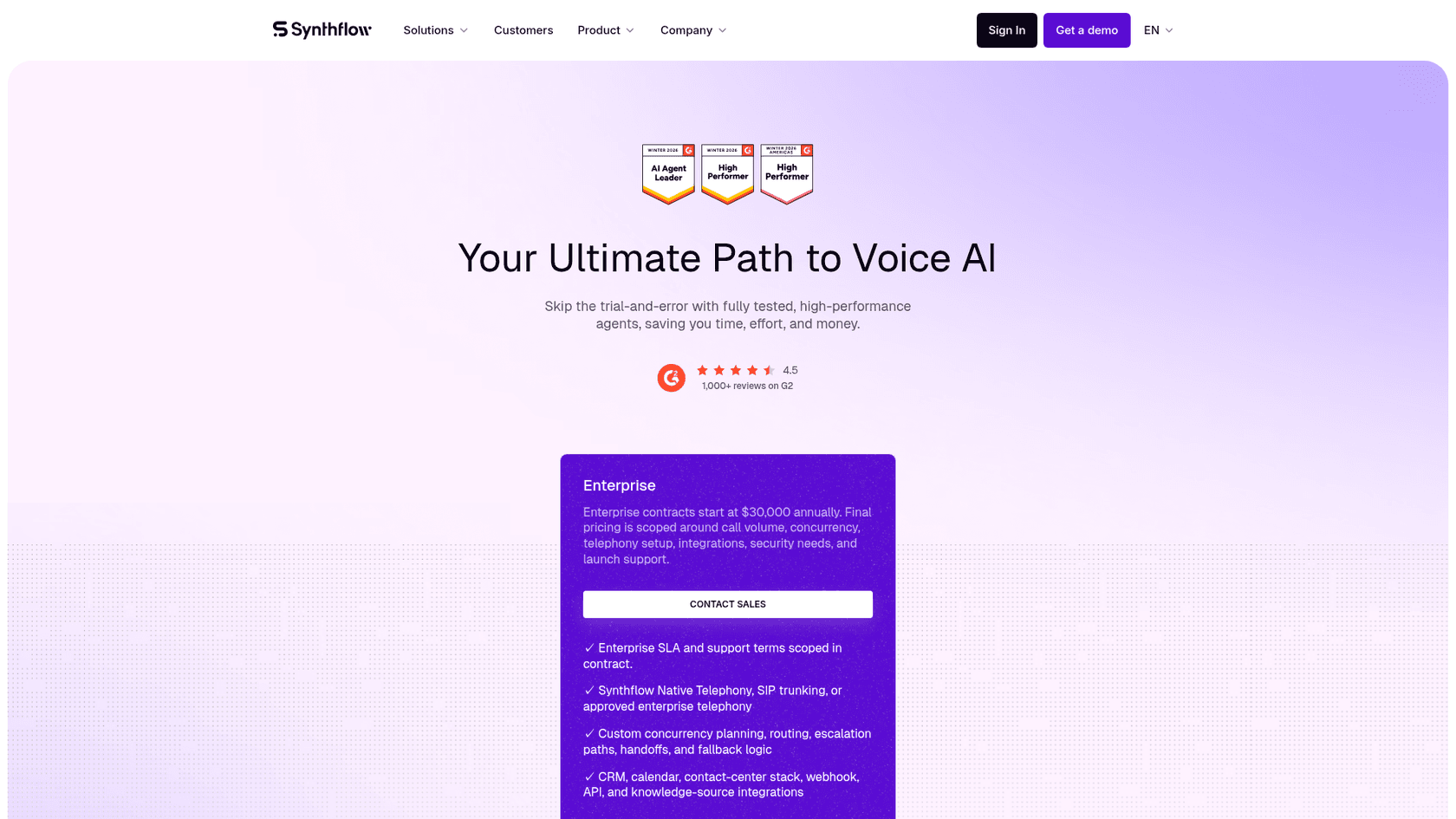 Synthflow pricing page showing Enterprise contracts starting at $30,000 annually, as taken from Synthflow