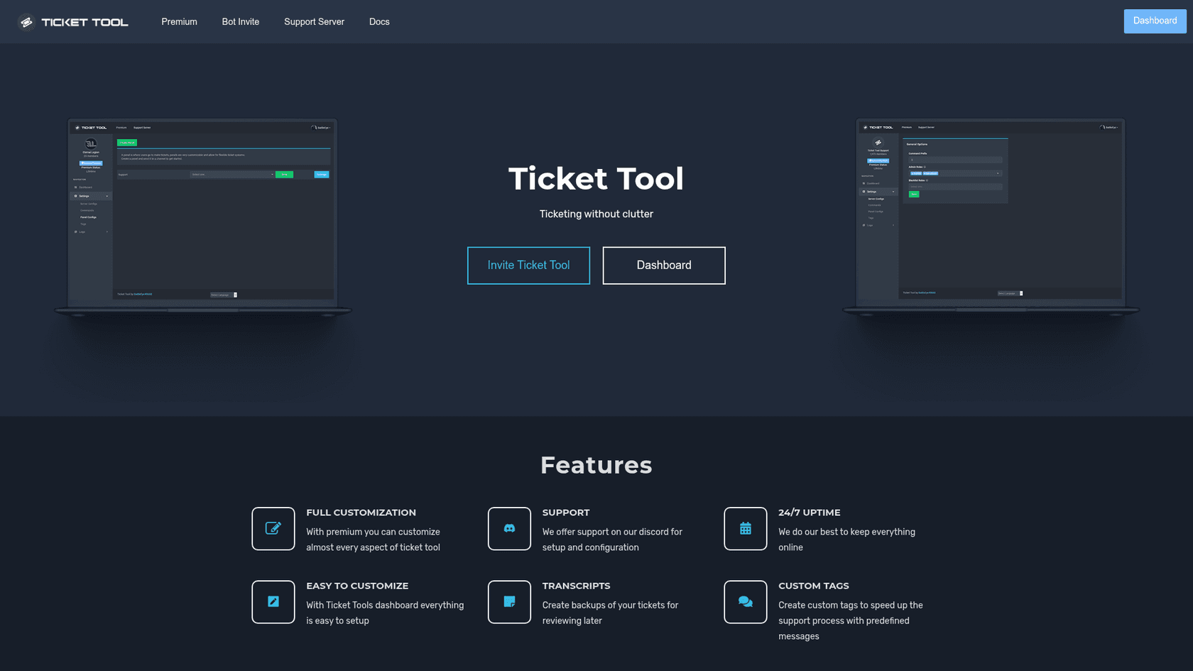 Ticket Tool's homepage with its dashboard previews and ticket panel features, as taken from Ticket Tool