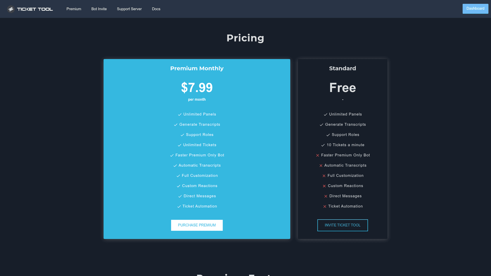 Ticket Tool pricing page comparing the free Standard and Premium plans, as taken from Ticket Tool
