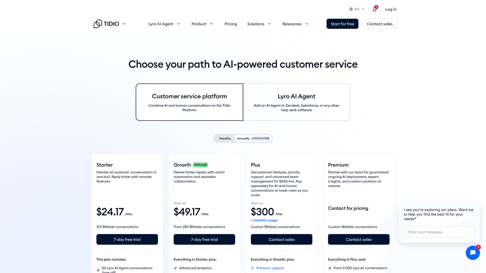 Tidio pricing page with the Starter, Growth, Plus and Premium plans, as shown on Tidio's pricing page