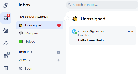 Tidio's live chat dashboard showing unassigned conversations in the agent queue