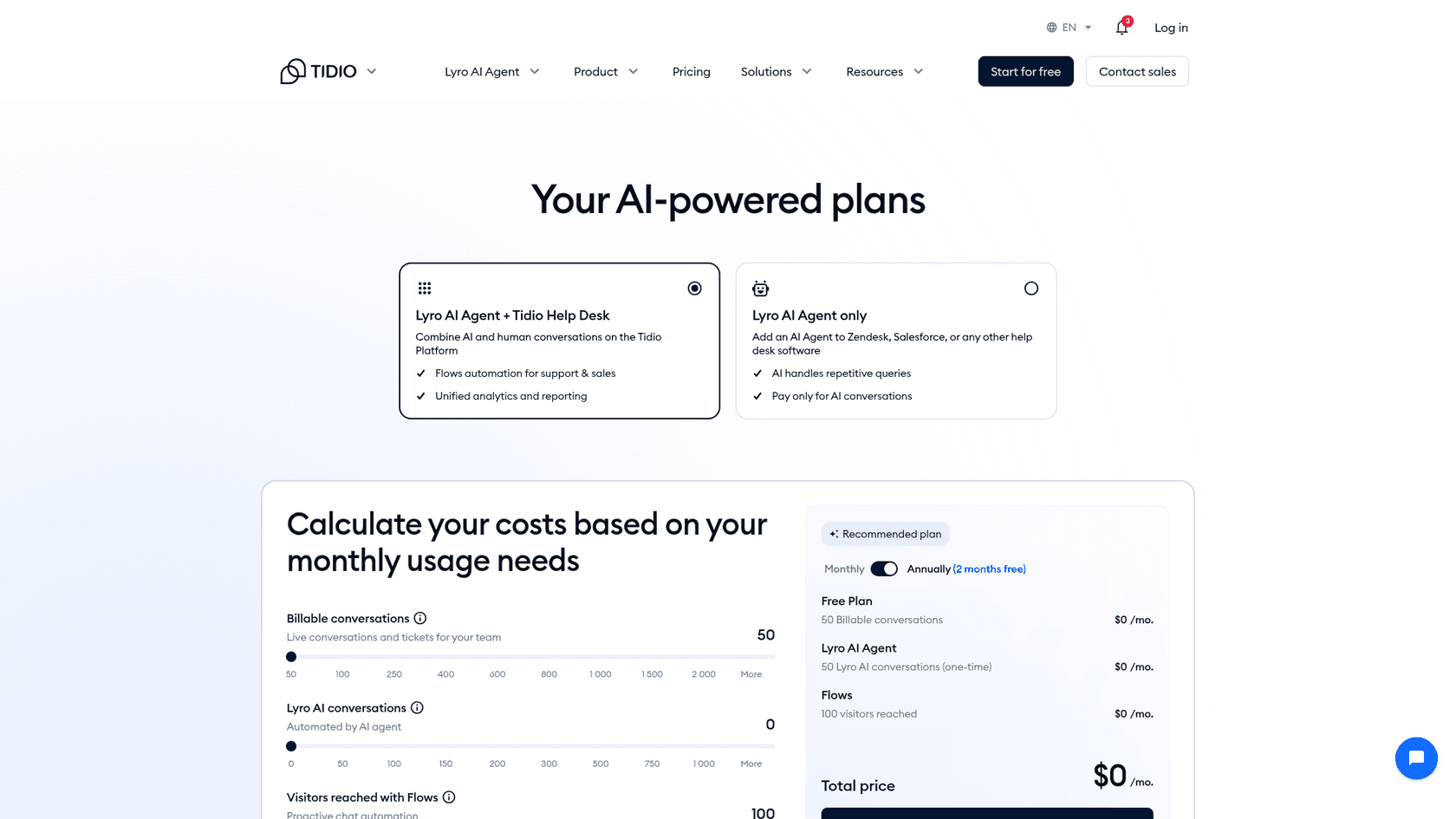 Tidio's pricing page with the free plan and Lyro AI Agent options, as taken from Tidio's pricing page