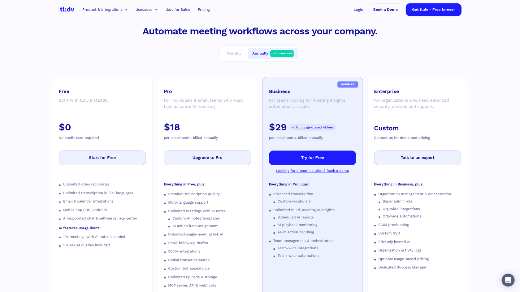 tl;dv pricing page with Free, Pro, Business and Enterprise plans, as taken from tl;dv