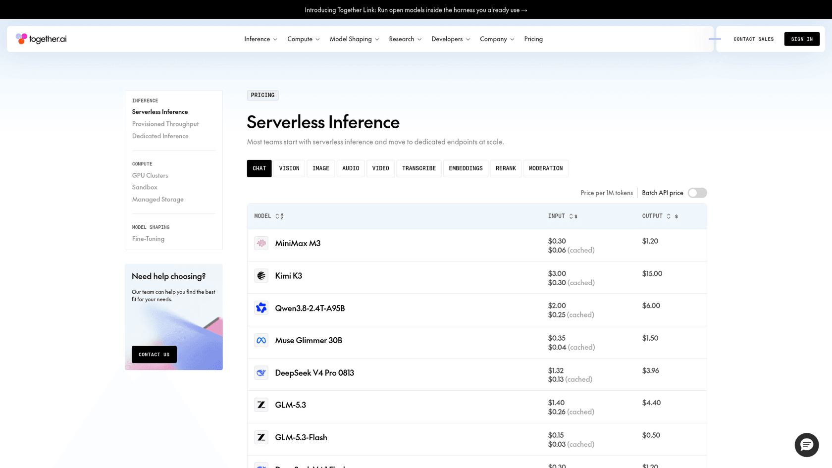 Together AI serverless inference pricing table with input and output rates per model, as taken from Together AI