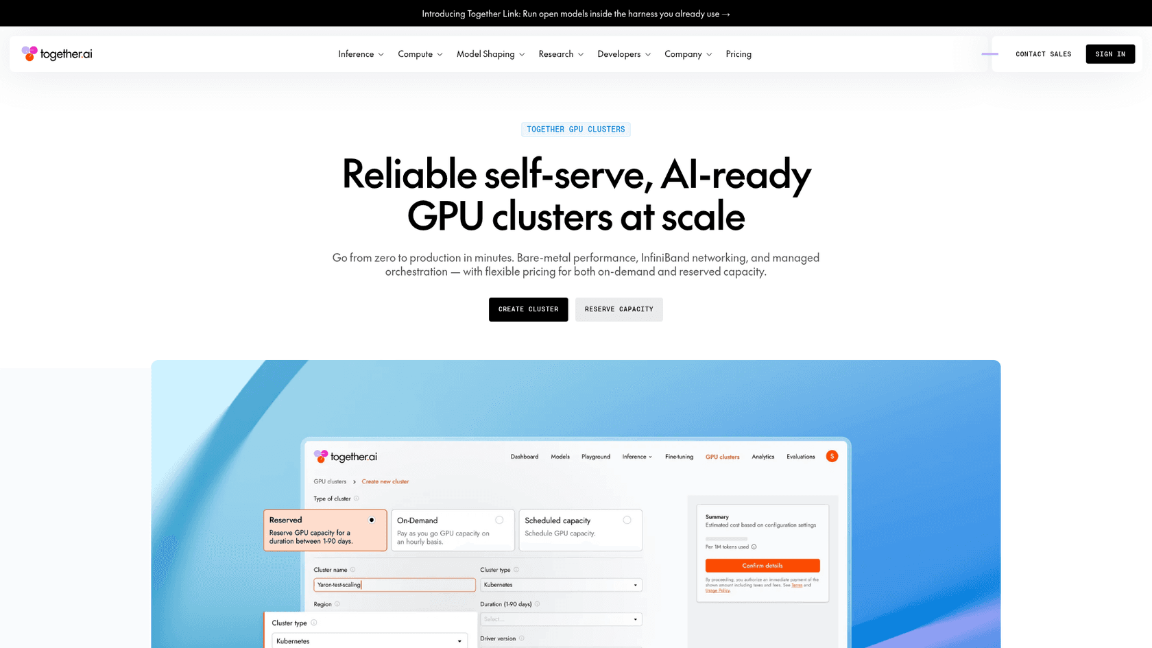 The Together AI GPU Clusters page, where reserved or on-demand capacity is configured in the console, as taken from Together AI