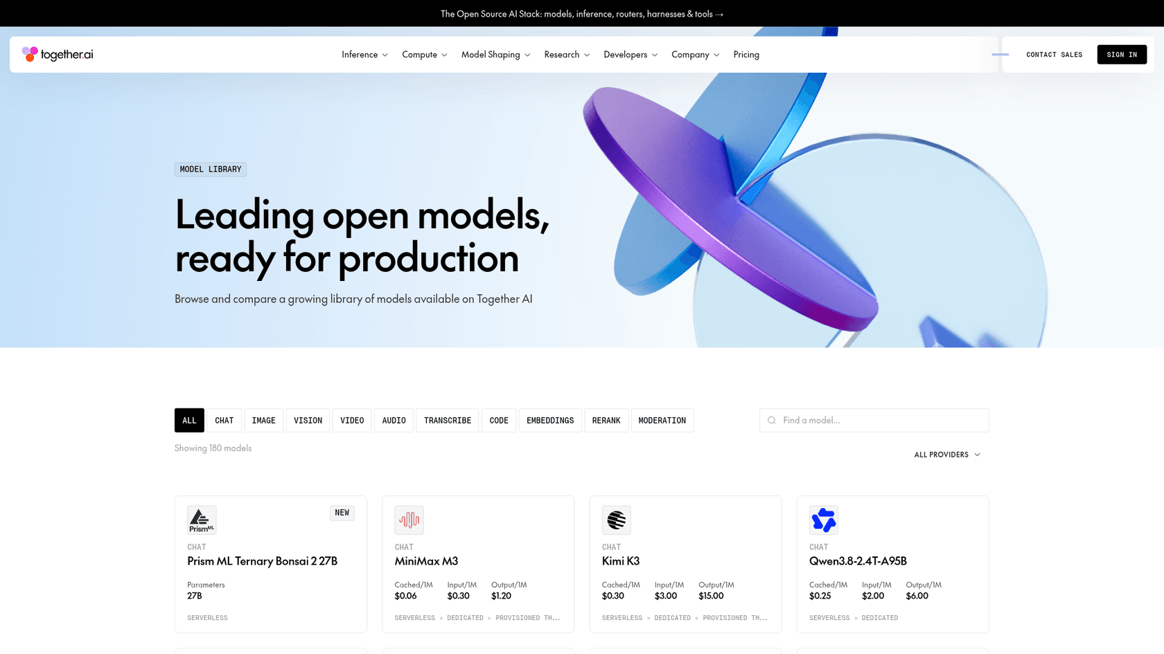 The Together AI model library page, showing 180 models with per-million-token input and output prices, as taken from Together AI
