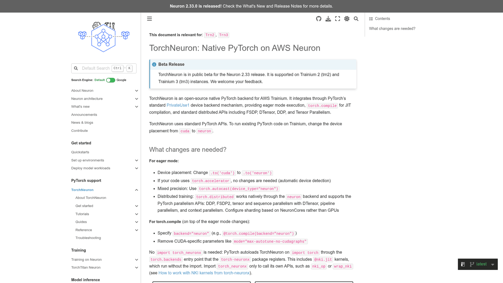 The TorchNeuron docs page showing the public beta notice for Trn2 and Trn3 and the list of changes needed for eager mode and torch.compile, as taken from the AWS Neuron documentation