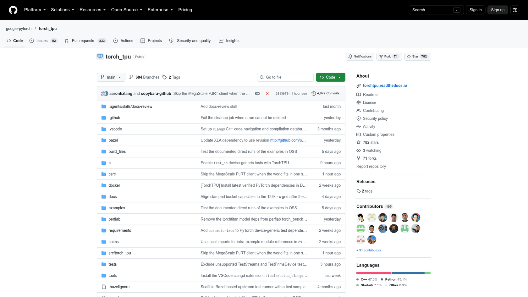 The google-pytorch/torch_tpu repository on GitHub, showing 782 stars, 71 forks, 105 contributors and the torchtpu.readthedocs.io docs link, as taken from GitHub