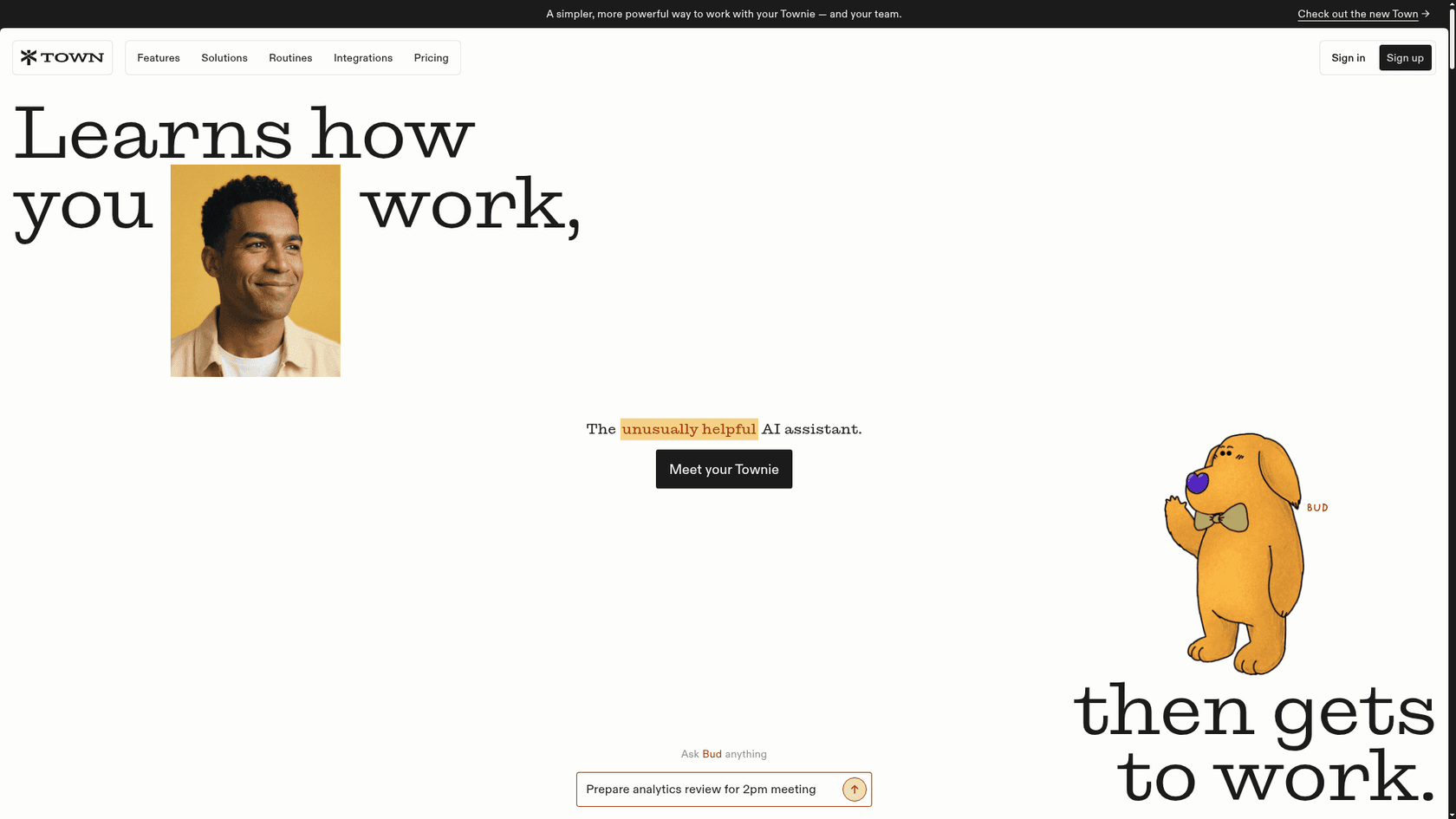 Town homepage with the headline "Learns how you work, then gets to work" and an "Ask Bud anything" prompt box, as taken from Town's website