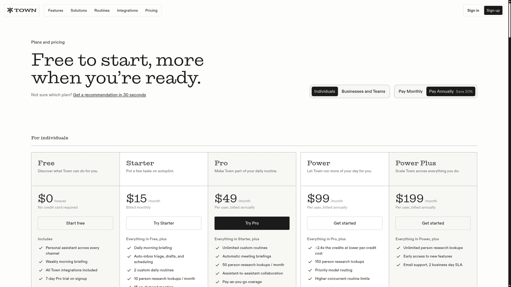 Town's individual pricing page showing Free at $0, Starter at $15, Pro at $49, Power at $99 and Power Plus at $199 per month, as taken from Town's pricing page