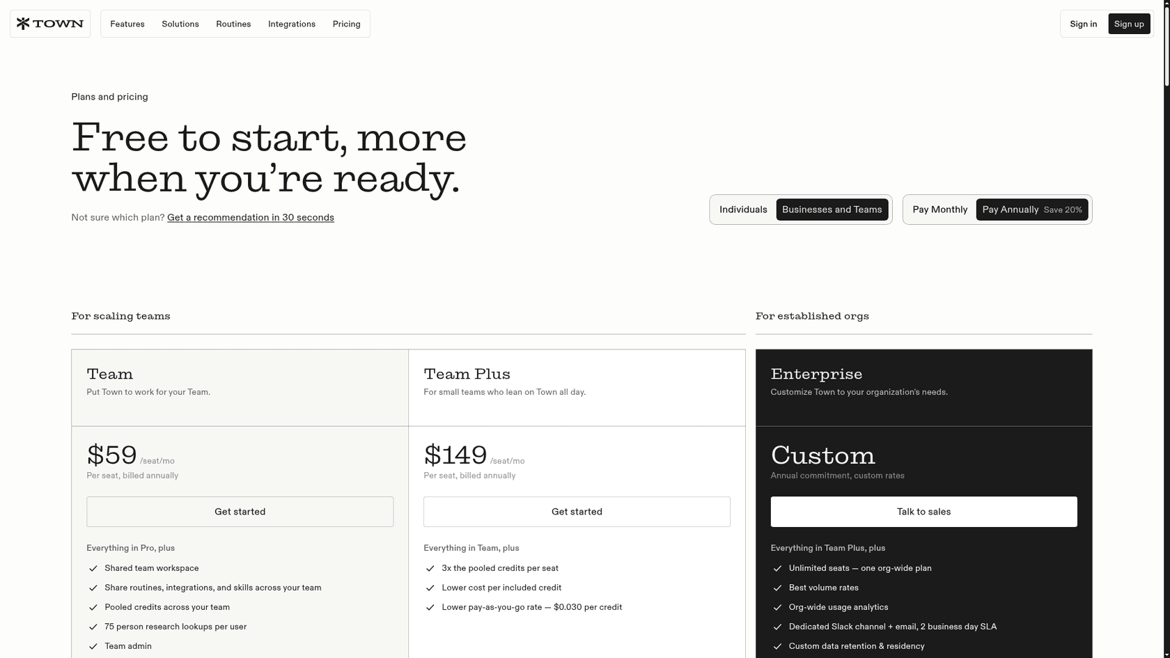 Town's Businesses and Teams pricing tab showing Team at $59, Team Plus at $149 per seat per month, and a custom Enterprise plan, as taken from Town's pricing page